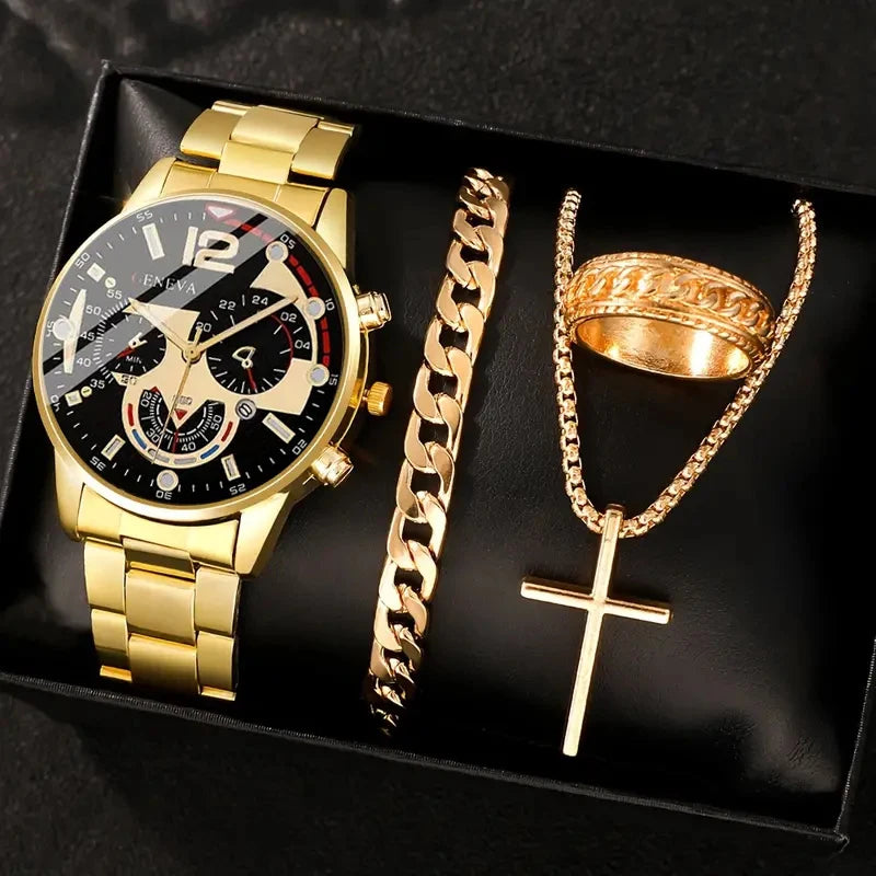 4pcs gold alloy Roman with calendar men's quartz watch and cross necklace bracelet ring set