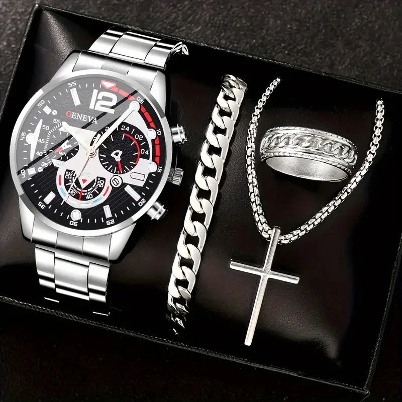 4pcs gold alloy Roman with calendar men's quartz watch and cross necklace bracelet ring set