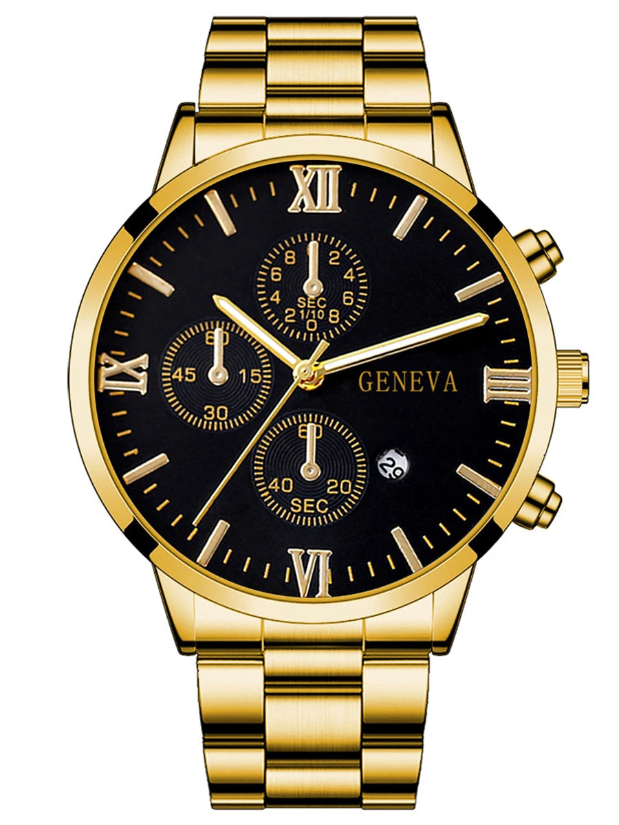 4pcs gold alloy Roman with calendar men's quartz watch and cross necklace bracelet ring set