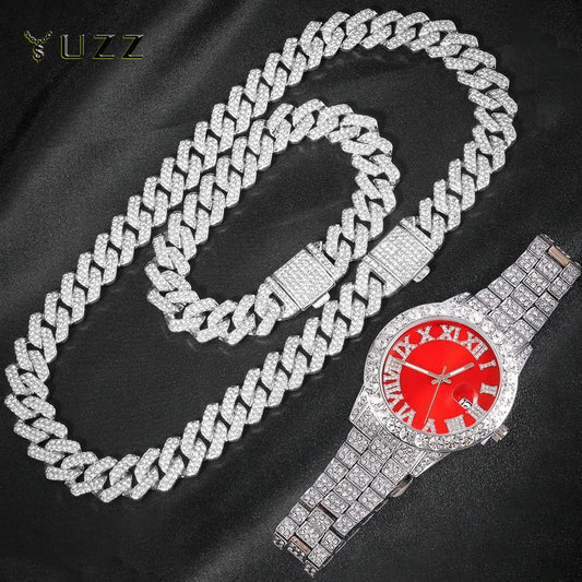 3pcs Cuban Chain+Watch+Bracelet set for men