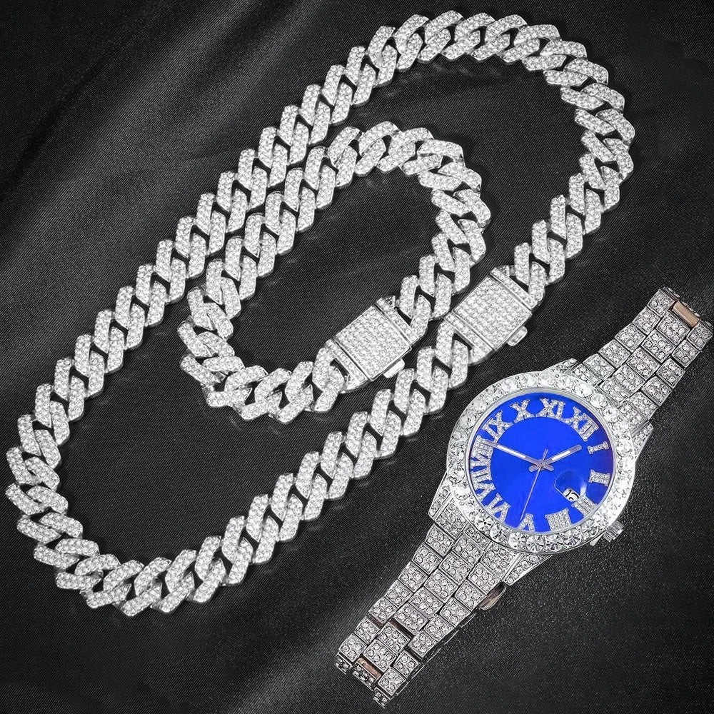 3pcs Cuban Chain+Watch+Bracelet set for men