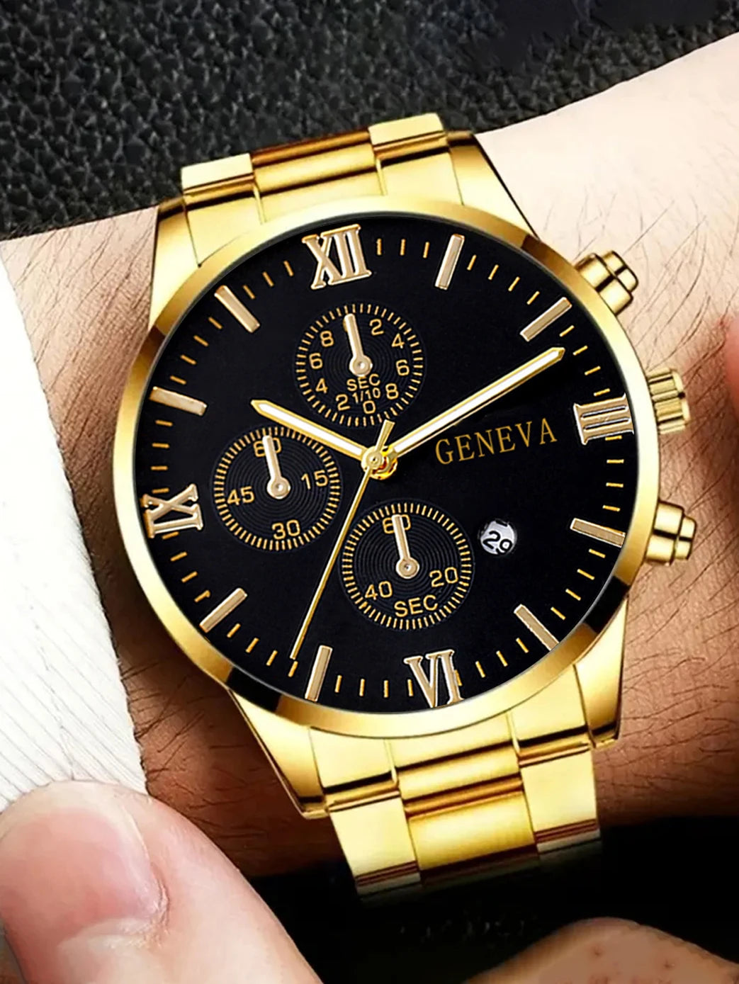 4pcs gold alloy Roman with calendar men's quartz watch and cross necklace bracelet ring set