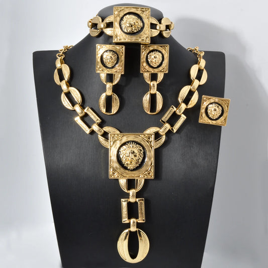 Gold Plated Jewelry Set  For Women Luxury Choker Necklace Bracelet Earring Cuff Rings