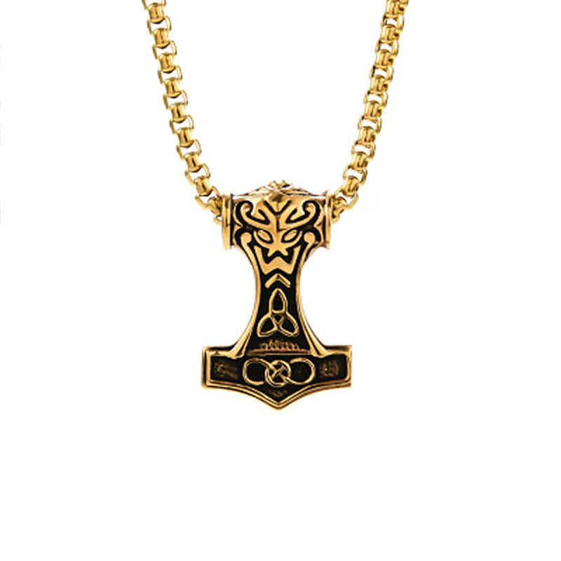 Viking Thor Hammer Pendant Necklace For Men Fashion Gold/Silver Color Stainless Steel