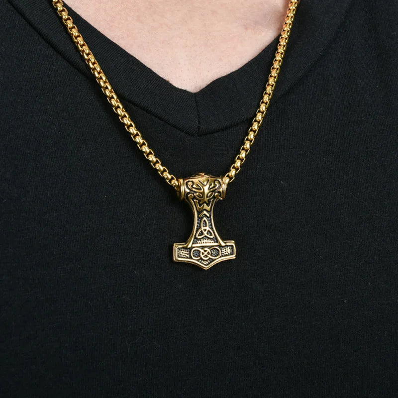 Viking Thor Hammer Pendant Necklace For Men Fashion Gold/Silver Color Stainless Steel