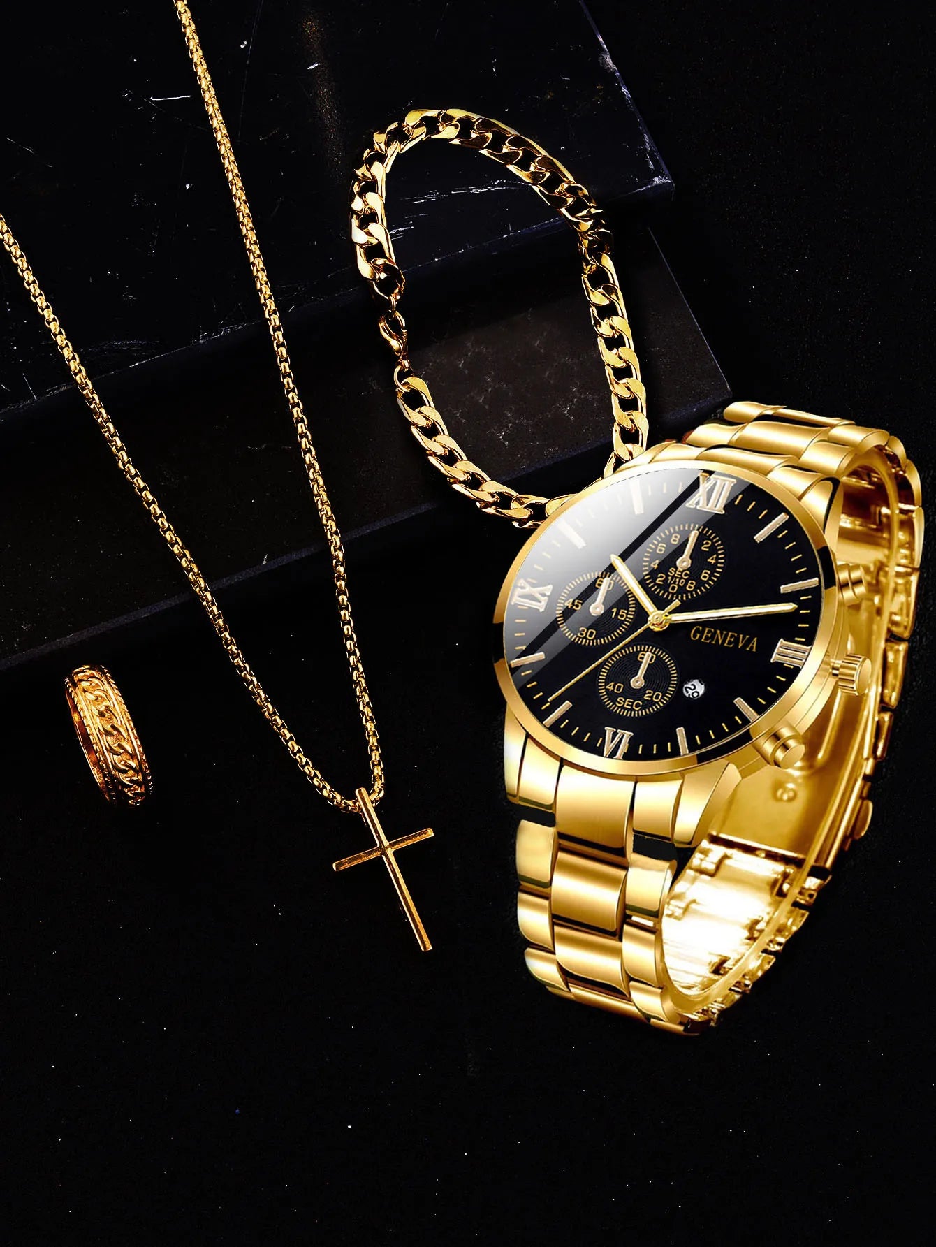 4pcs gold alloy Roman with calendar men's quartz watch and cross necklace bracelet ring set