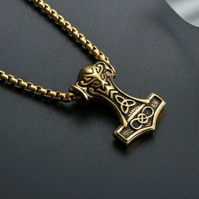 Viking Thor Hammer Pendant Necklace For Men Fashion Gold/Silver Color Stainless Steel