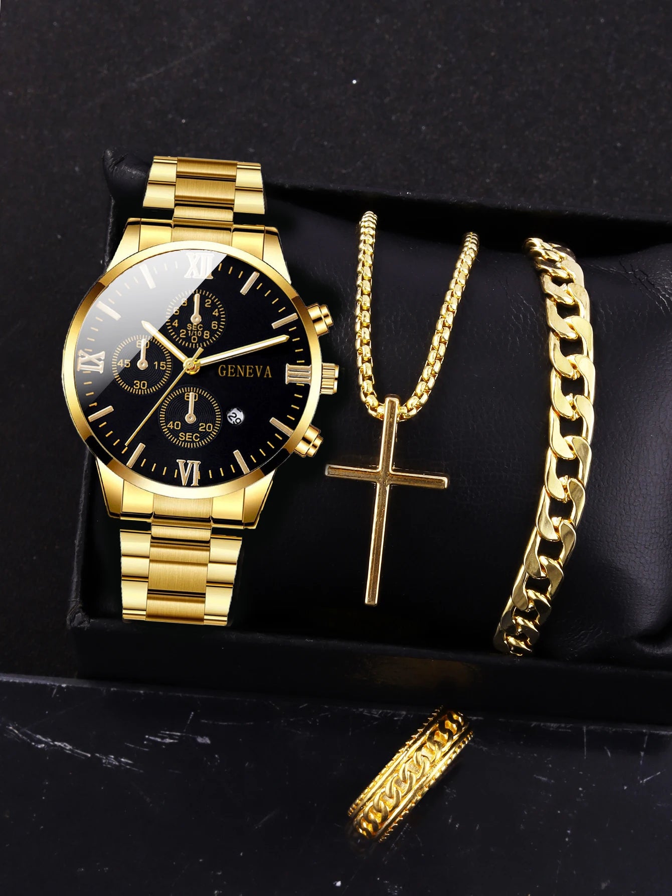 4pcs gold alloy Roman with calendar men's quartz watch and cross necklace bracelet ring set