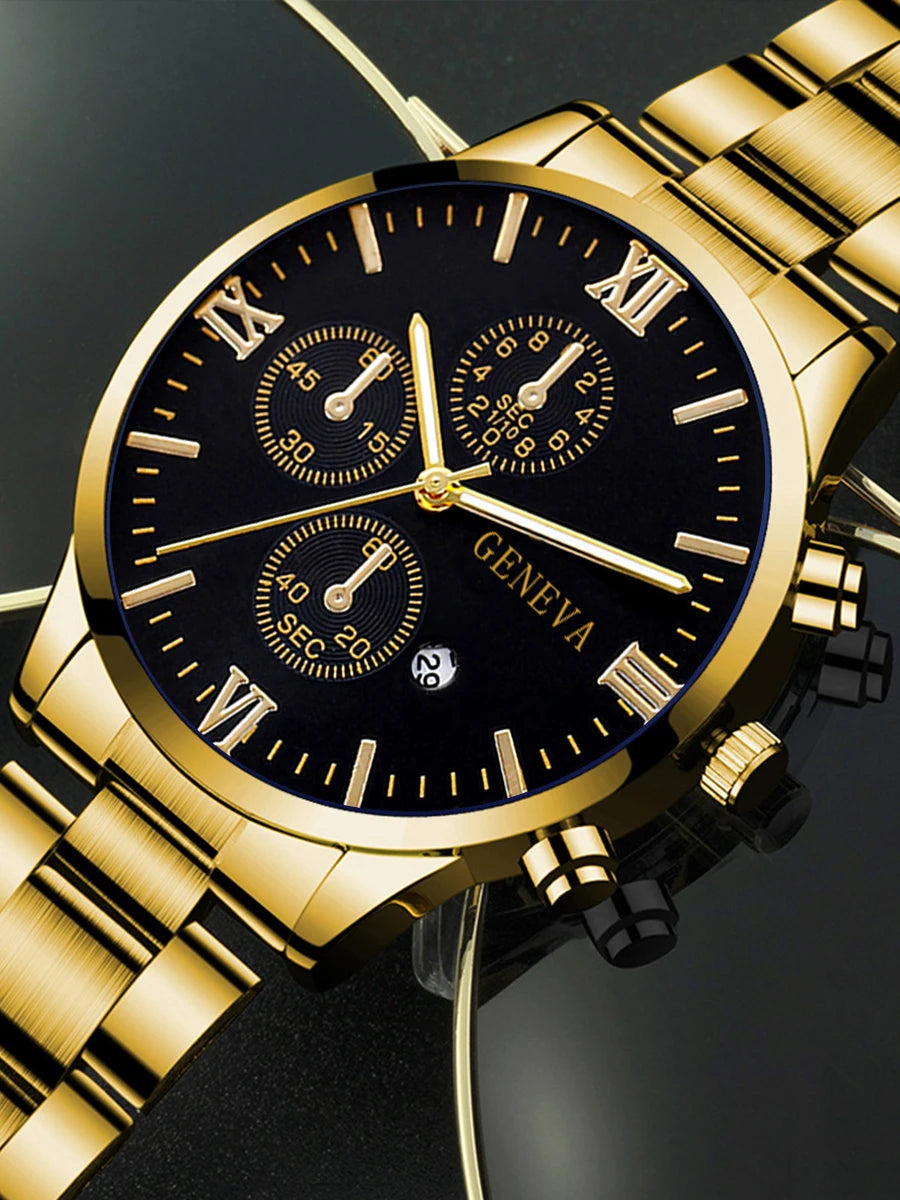 4pcs gold alloy Roman with calendar men's quartz watch and cross necklace bracelet ring set