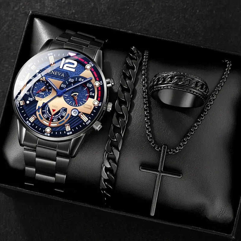 4pcs gold alloy Roman with calendar men's quartz watch and cross necklace bracelet ring set