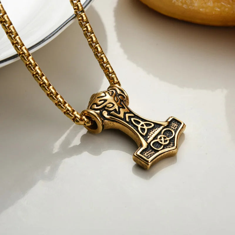 Viking Thor Hammer Pendant Necklace For Men Fashion Gold/Silver Color Stainless Steel