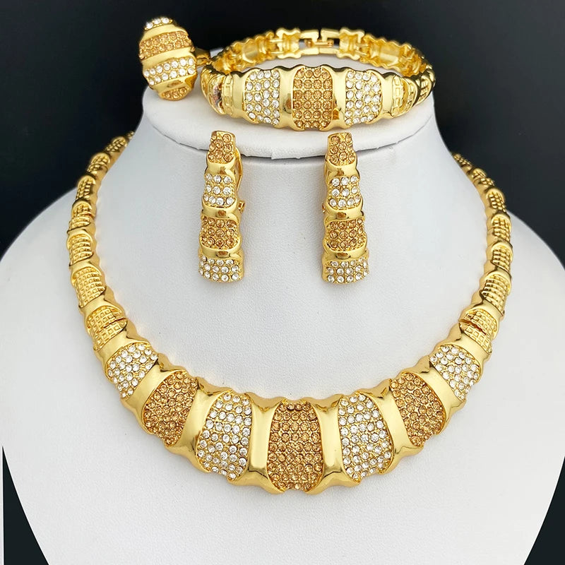 Dubai Jewelry Set For Women 18K Gold Plated Luxury Necklace Earrings Bracelet And Ring Set