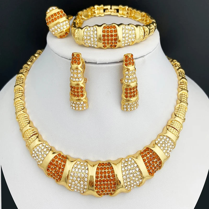 Dubai Jewelry Set For Women 18K Gold Plated Luxury Necklace Earrings Bracelet And Ring Set