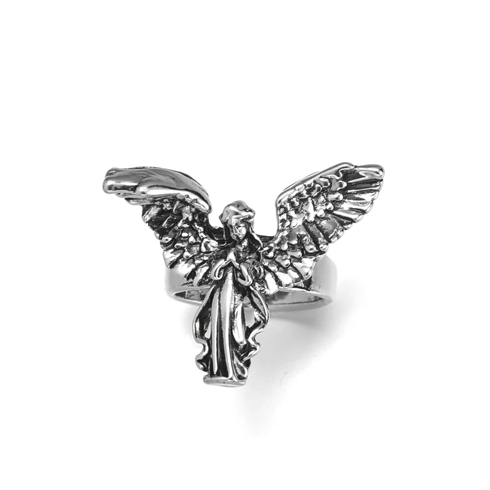 Gothic Vintage Distressed Angel Silver Color Ring