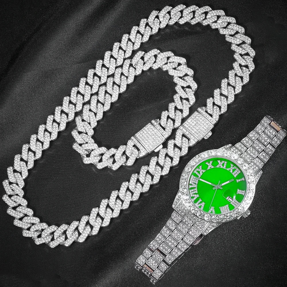 3pcs Cuban Chain+Watch+Bracelet set for men