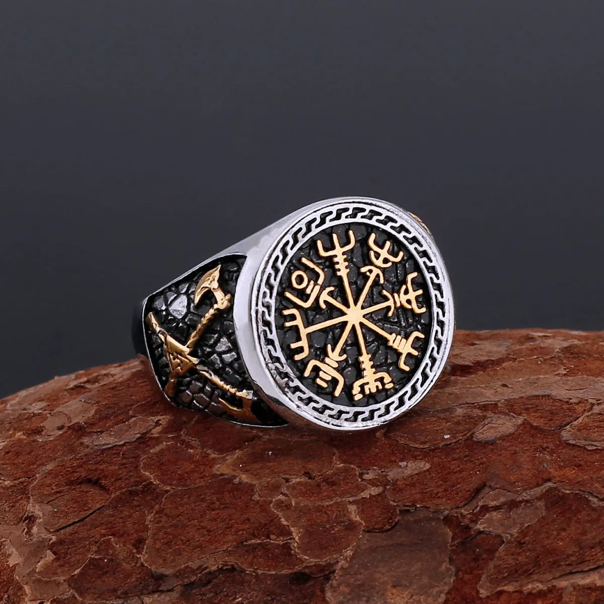 Nordic Stainless Steel Viking Compass Ring Axe Ring Gothic