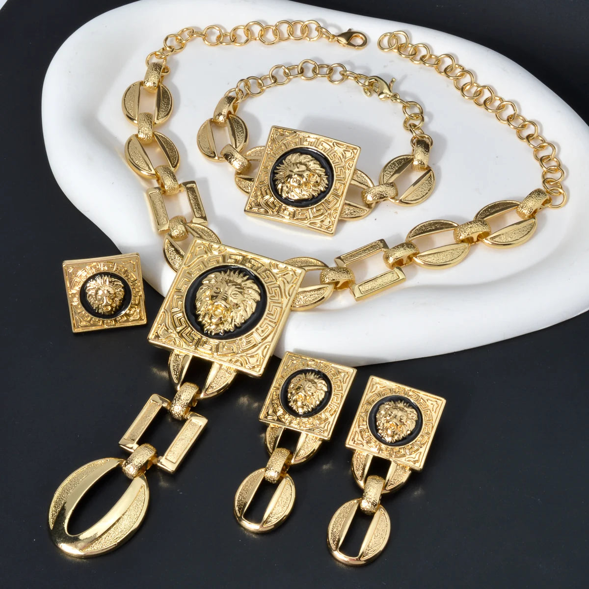 Gold Plated Jewelry Set  For Women Luxury Choker Necklace Bracelet Earring Cuff Rings