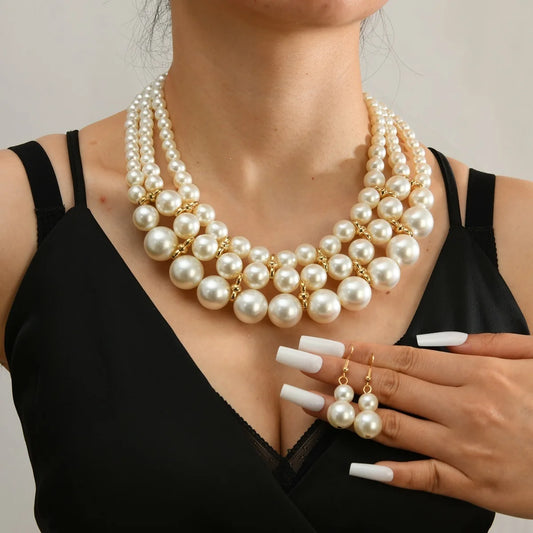 Multi layer Handmade Imitation Pearl Necklace and earings