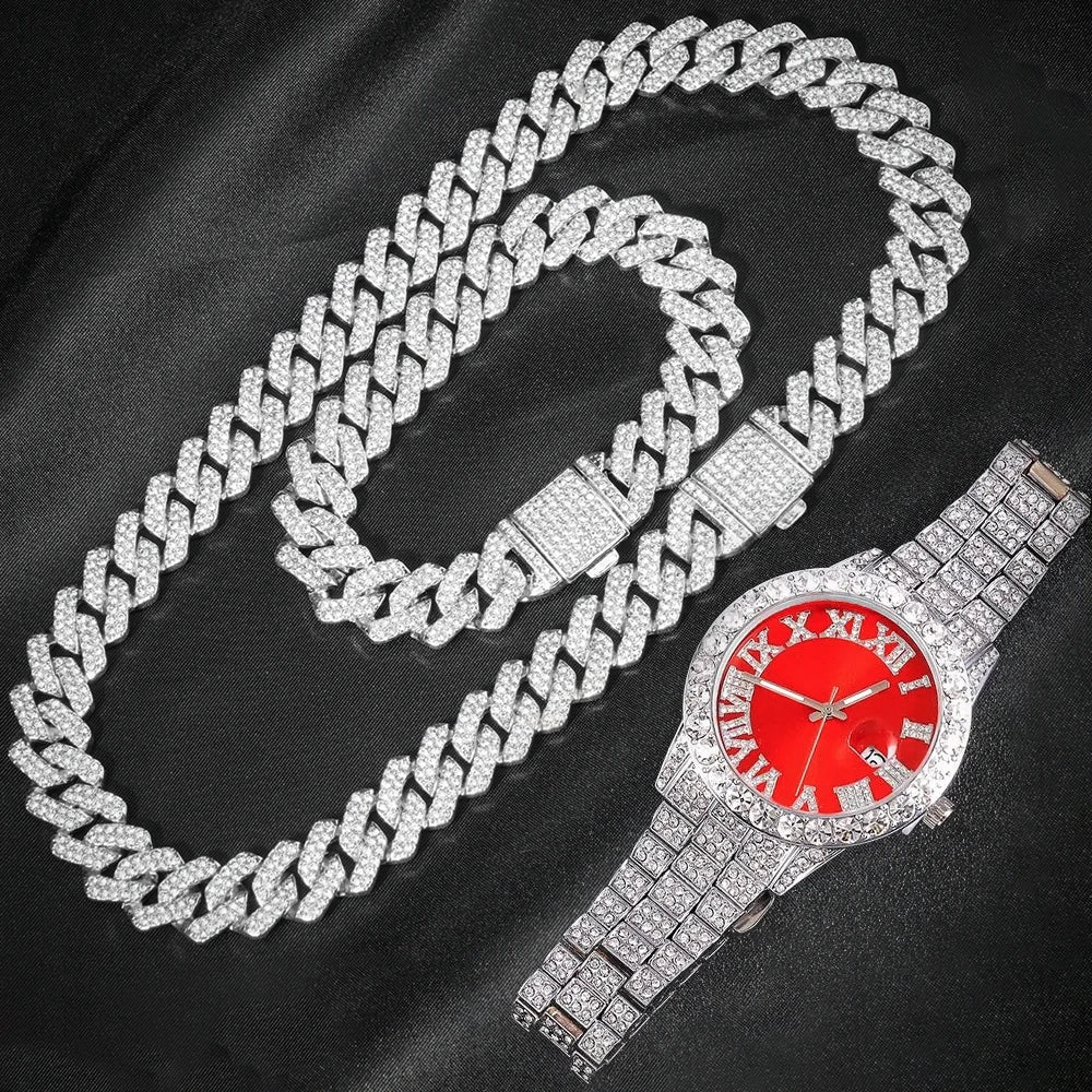3pcs Cuban Chain+Watch+Bracelet set for men