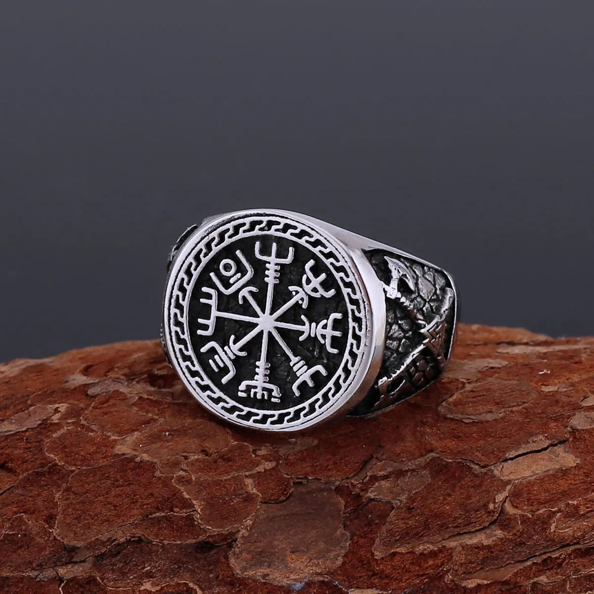 Nordic Stainless Steel Viking Compass Ring Axe Ring Gothic