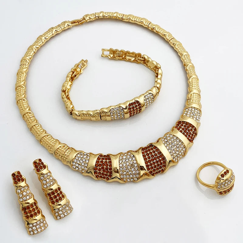 Dubai Jewelry Set For Women 18K Gold Plated Luxury Necklace Earrings Bracelet And Ring Set