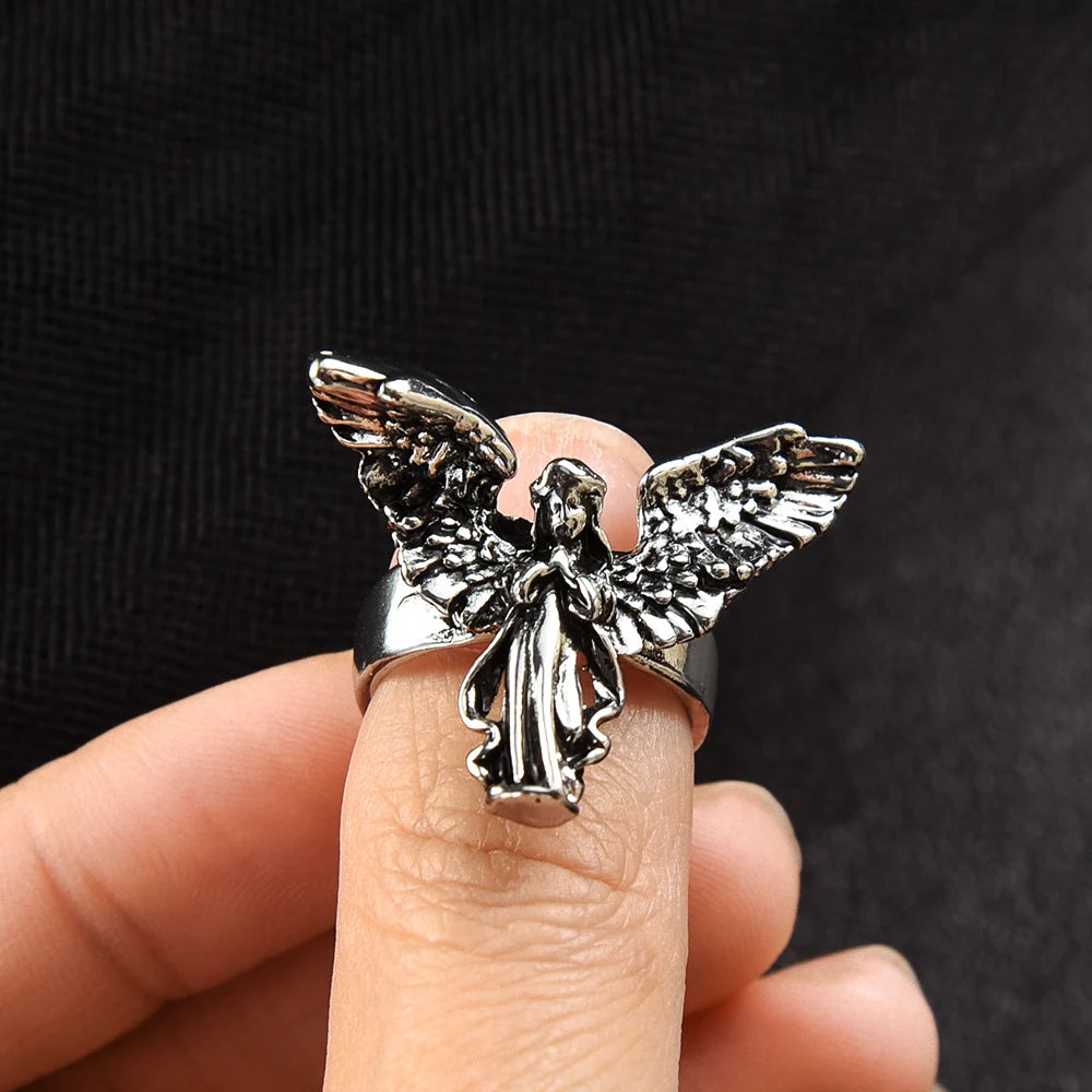 Gothic Vintage Distressed Angel Silver Color Ring