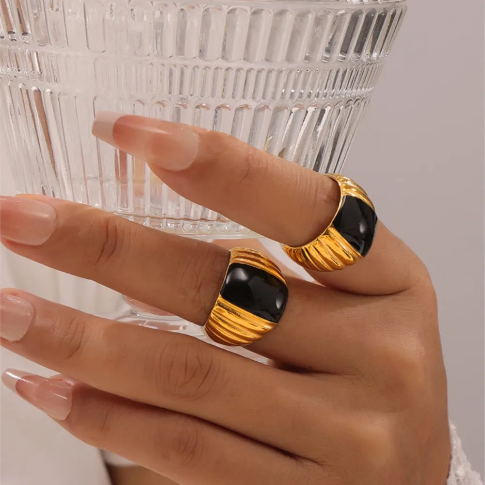 Gothic Style Black Enamel Ring for Women 316L Stainless Steel Gold Plated