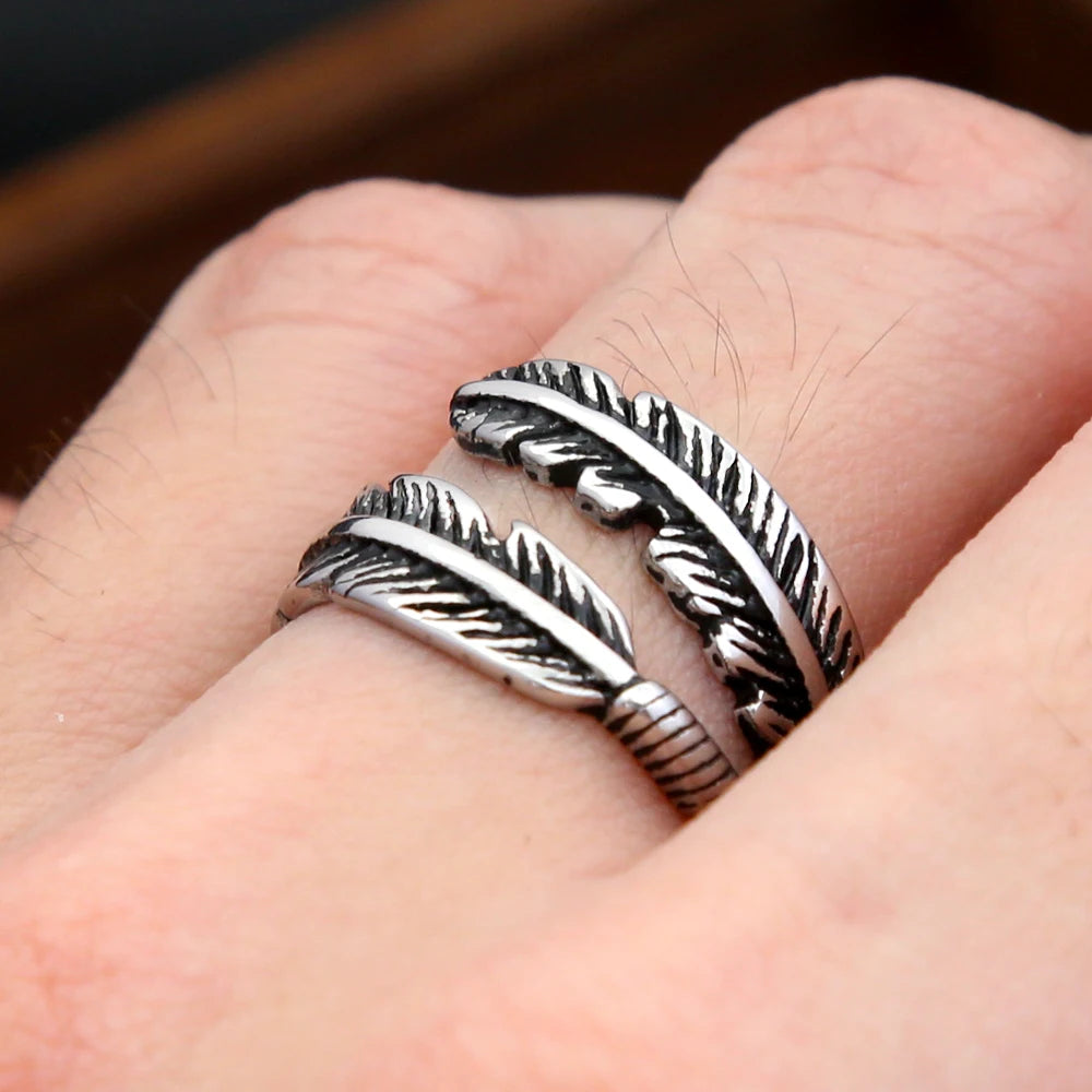 Gothic Vintage Feather Ring For Men and Women Stainless Steel Punk