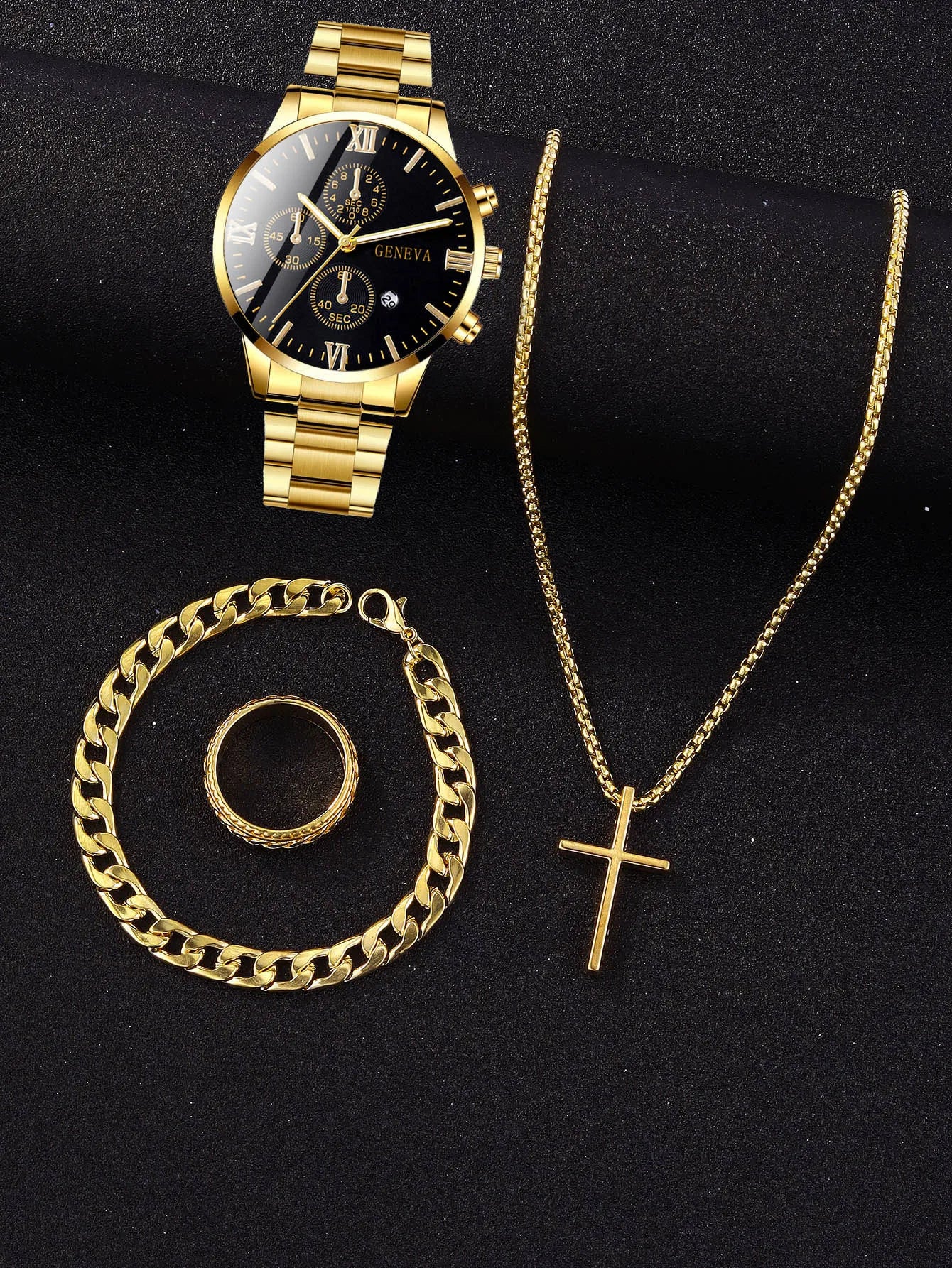 4pcs gold alloy Roman with calendar men's quartz watch and cross necklace bracelet ring set