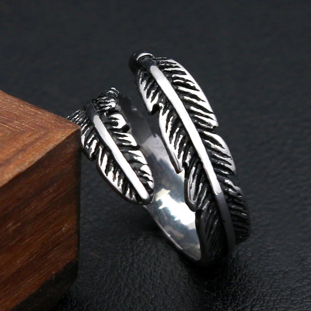 Gothic Vintage Feather Ring For Men and Women Stainless Steel Punk