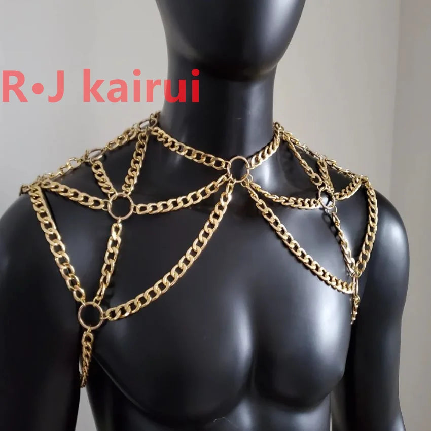 Handmade Gold Men Chains Jewelry Unique Punk Necklace Shoulder Chains Cosplay Jewelry 2 Colors