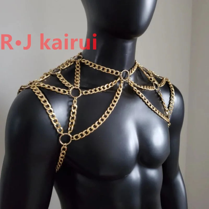 Handmade Gold Men Chains Jewelry Unique Punk Necklace Shoulder Chains Cosplay Jewelry 2 Colors