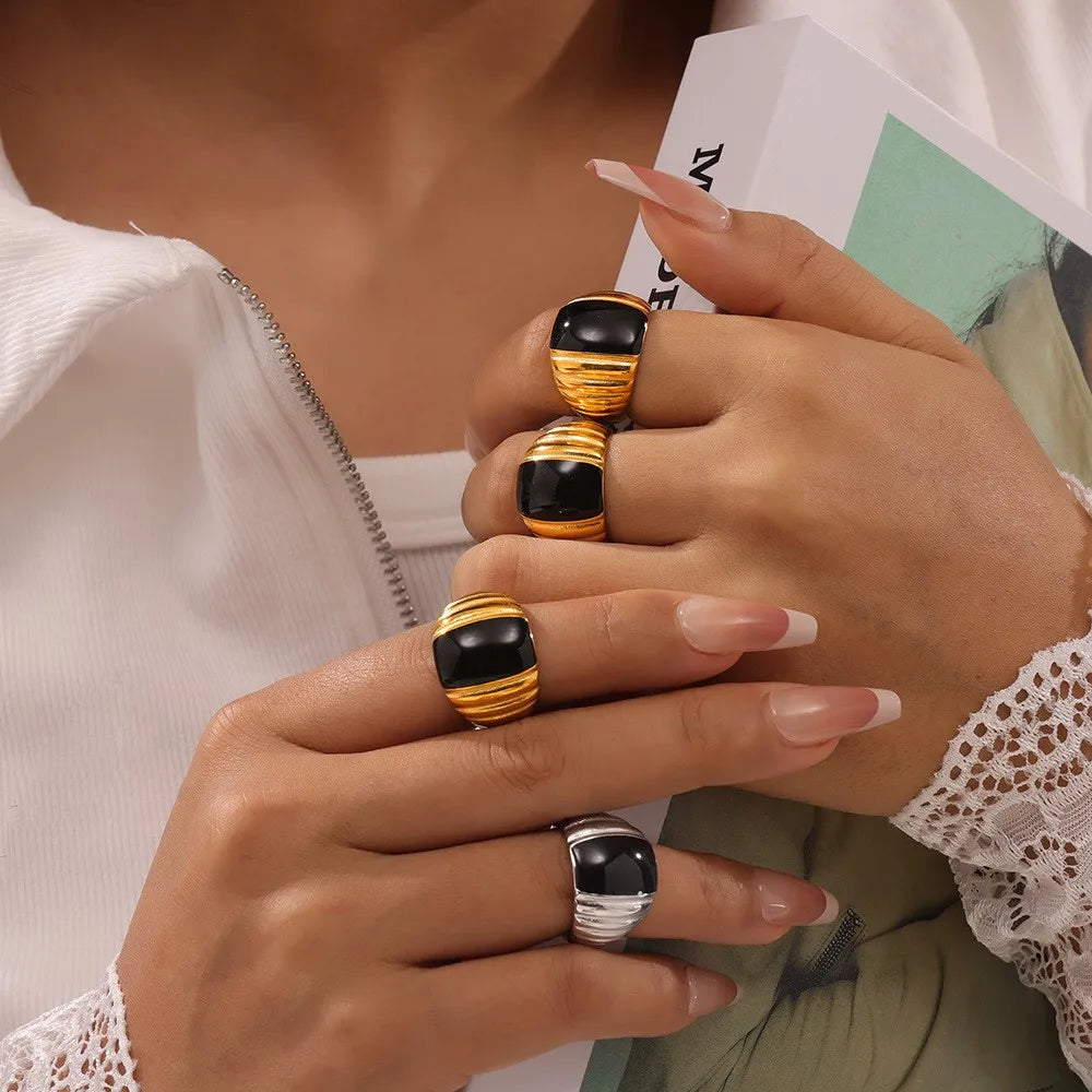 Gothic Style Black Enamel Ring for Women 316L Stainless Steel Gold Plated
