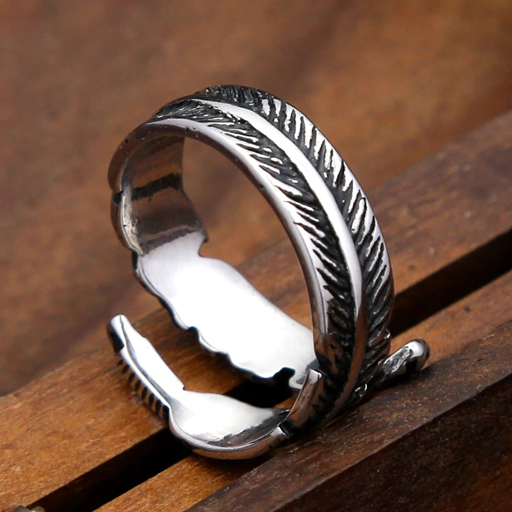 Gothic Vintage Feather Ring For Men and Women Stainless Steel Punk