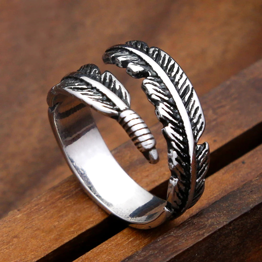 Gothic Vintage Feather Ring For Men and Women Stainless Steel Punk