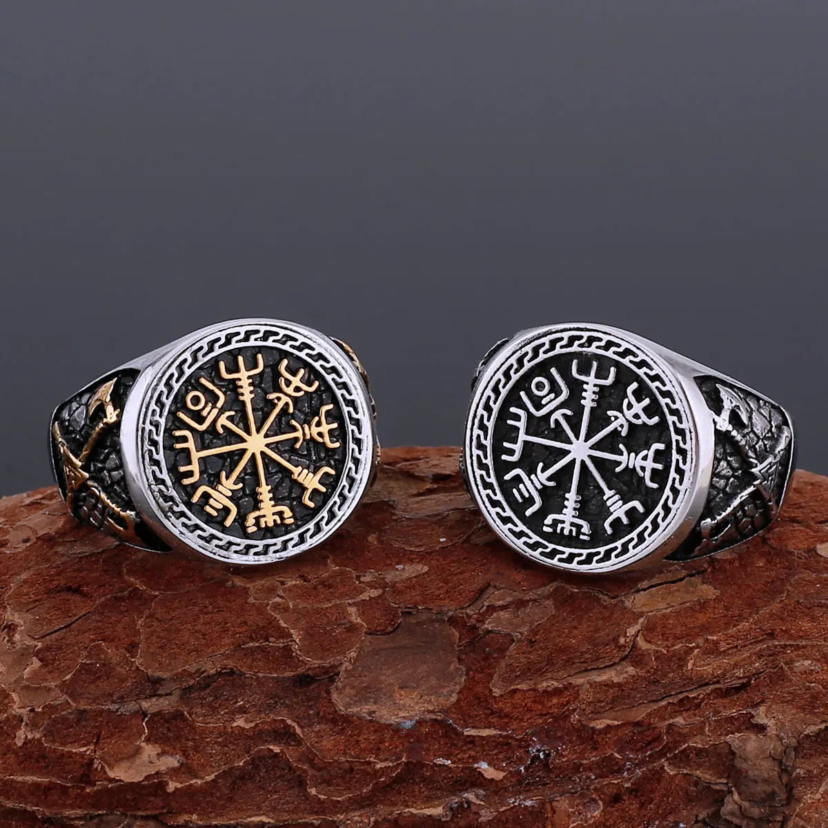 Nordic Stainless Steel Viking Compass Ring Axe Ring Gothic