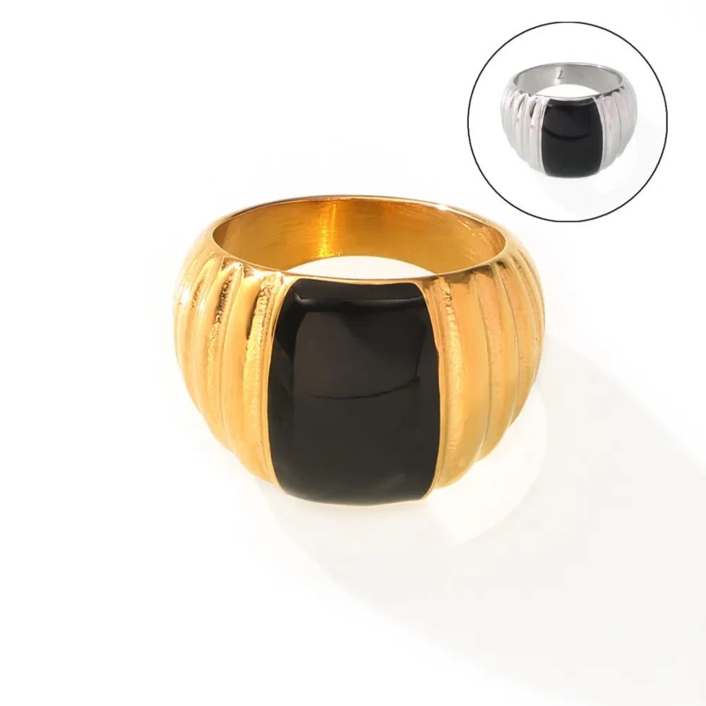 Gothic Style Black Enamel Ring for Women 316L Stainless Steel Gold Plated