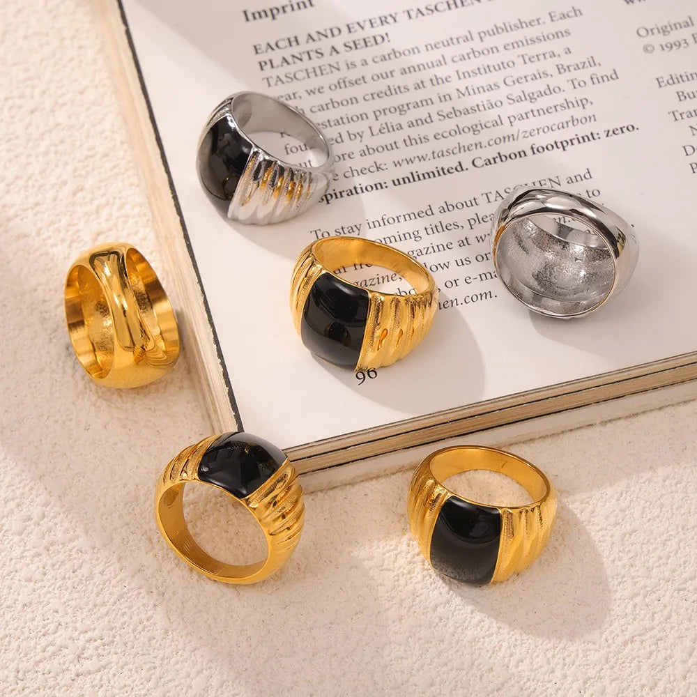 Gothic Style Black Enamel Ring for Women 316L Stainless Steel Gold Plated
