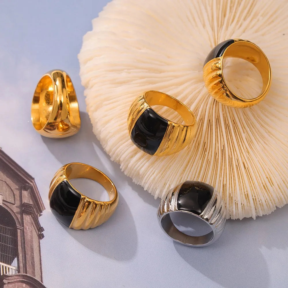 Gothic Style Black Enamel Ring for Women 316L Stainless Steel Gold Plated
