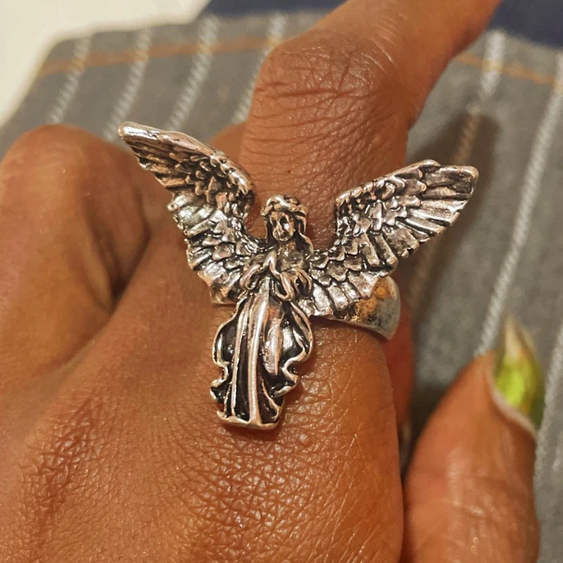 Gothic Vintage Distressed Angel Silver Color Ring