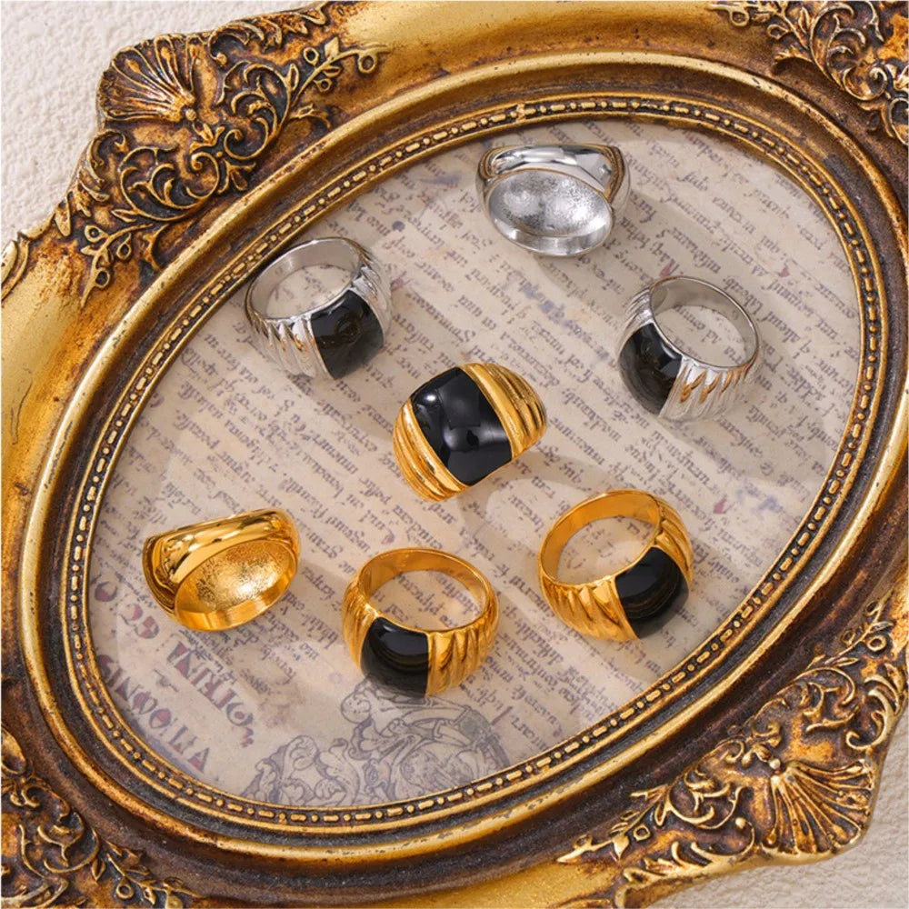 Gothic Style Black Enamel Ring for Women 316L Stainless Steel Gold Plated