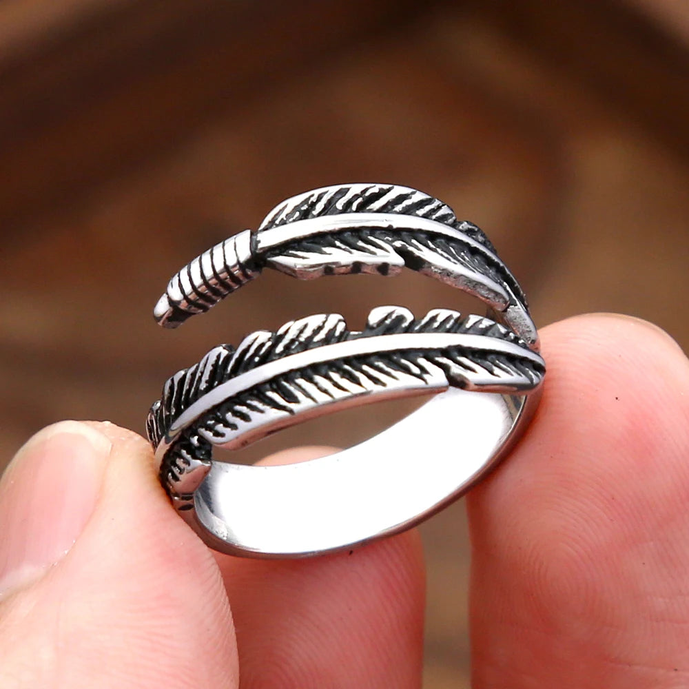 Gothic Vintage Feather Ring For Men and Women Stainless Steel Punk