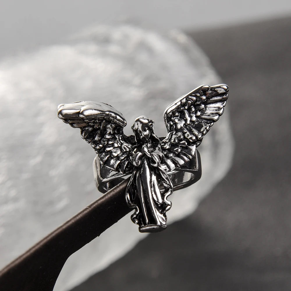 Gothic Vintage Distressed Angel Silver Color Ring