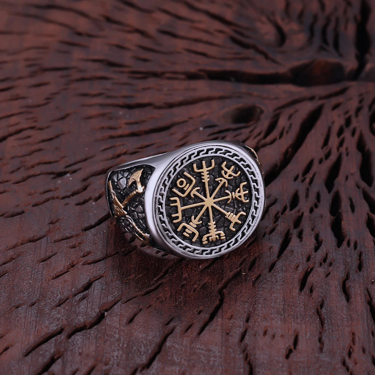 Nordic Stainless Steel Viking Compass Ring Axe Ring Gothic