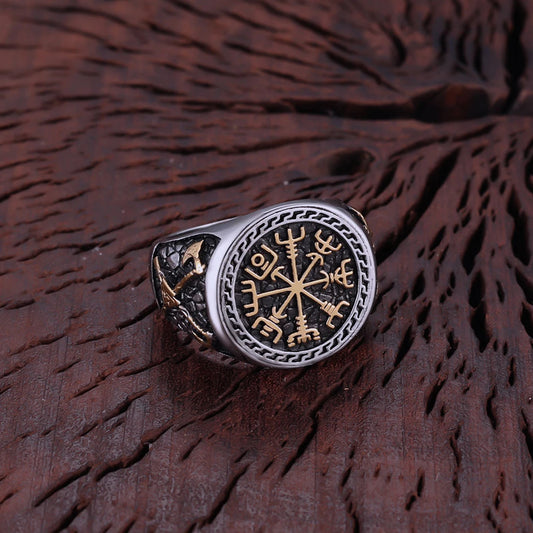 Nordic Stainless Steel Viking Compass Ring Axe Ring Gothic